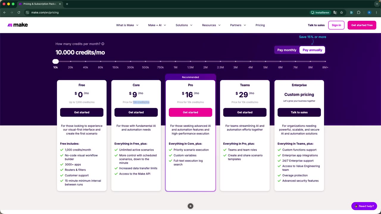 Preisseite für Upgrade